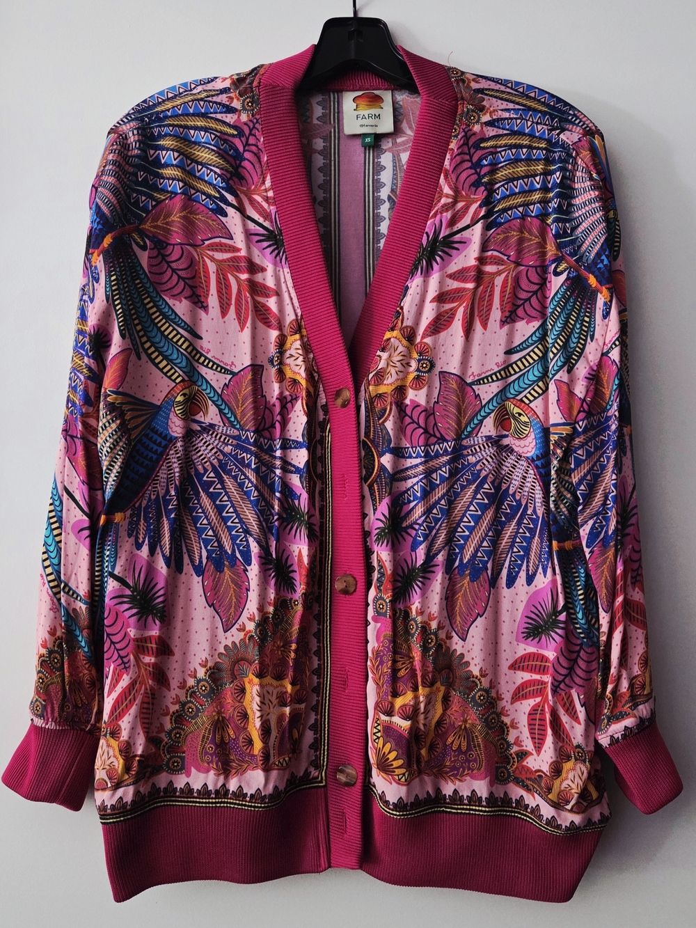 FARM Rio Colorful Macaw Tropical Print Cardigan Jacket - Pink